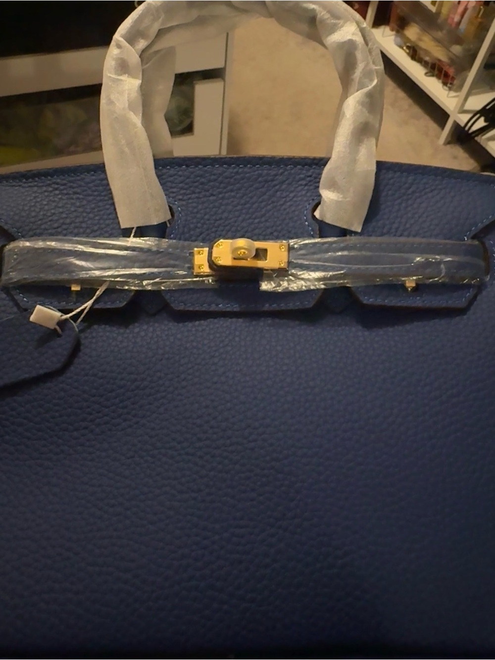 Genuine Leather Small Top Handle Bag in Royal Blue with GOLD HARDWARE